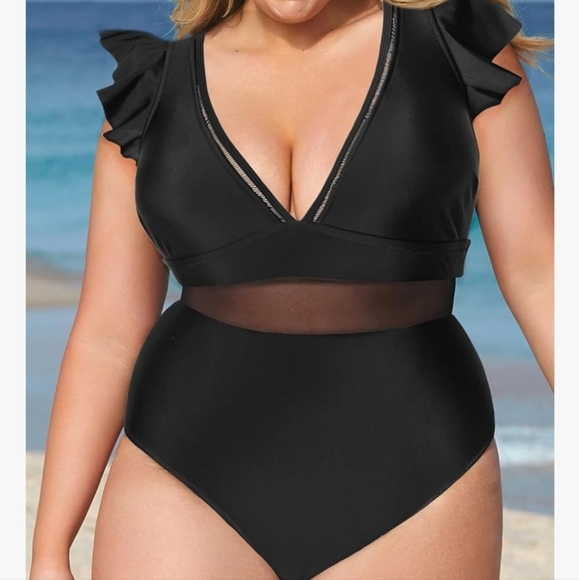 Cupshe Other - Women's One Piece Swimsuit Plus Size V Neck Ruffle Mesh Swimsuit Color Black 2X
